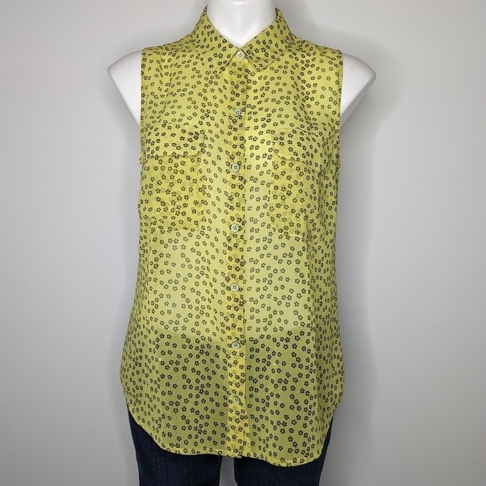 ✨3/$15 CAbi yellow black floral sheer sleeveless floral professional blouse S